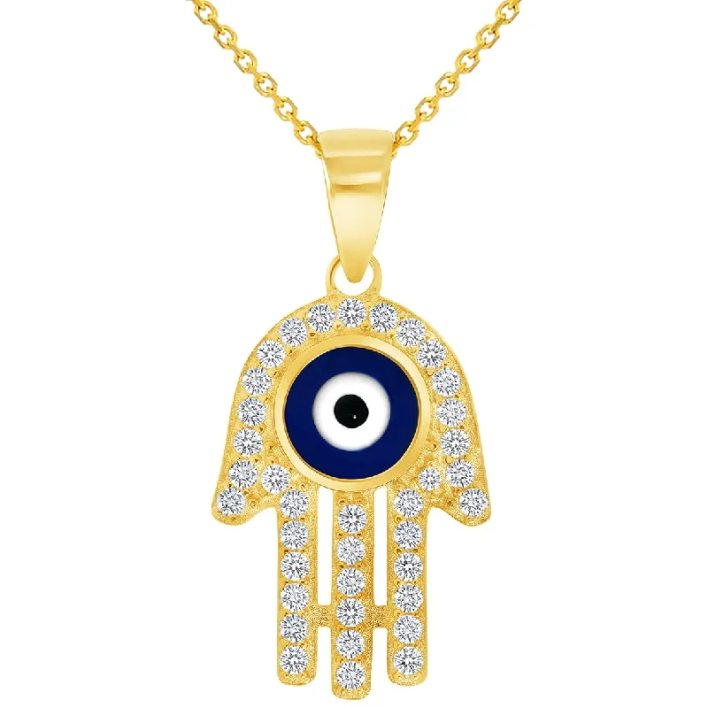 women diamond necklaces -Solid 14k Yellow Gold Cubic-Zirconia Blue Evil Eye Hamsa Hand Pendant Available with Rolo Cable, Cuban Curb, or Figaro Chain Necklaces