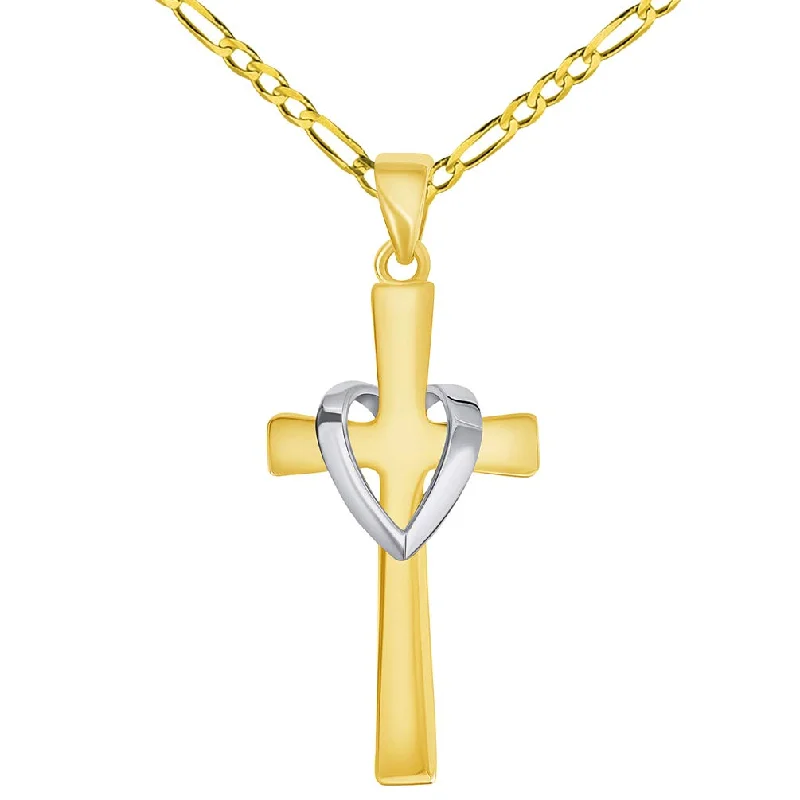 women charm necklaces -14k Solid Two-Tone Gold Religious Heart Cross Pendant with Figaro Chain Necklace