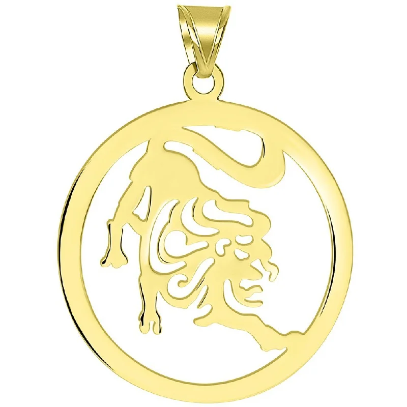 women infinity loop necklaces -Solid 14k Yellow Gold Round Leo Zodiac Symbol Cut-Out Lion Pendant