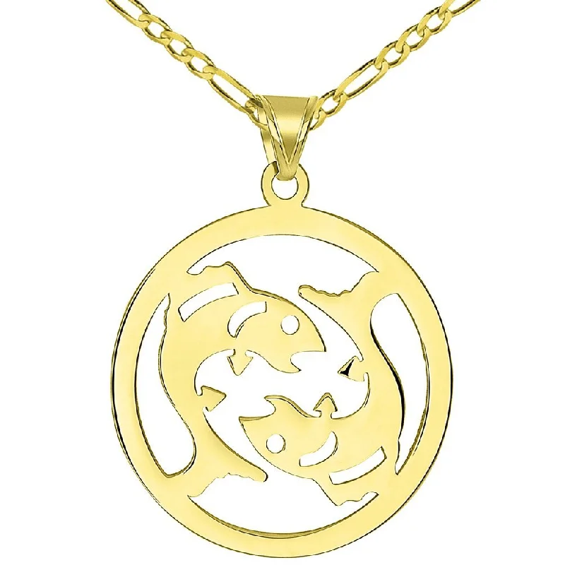 women animal pendant necklaces -Solid 14k Yellow Gold Round Pisces Zodiac Symbol Cut-Out Fish Pendant with Figaro Chain Necklace