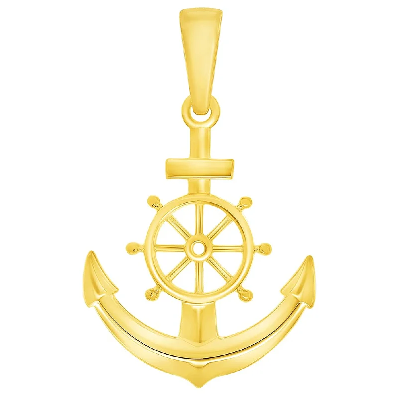 women silver necklaces -14k Yellow Gold Ship Wheel and Anchor Charm Nautical Pendant