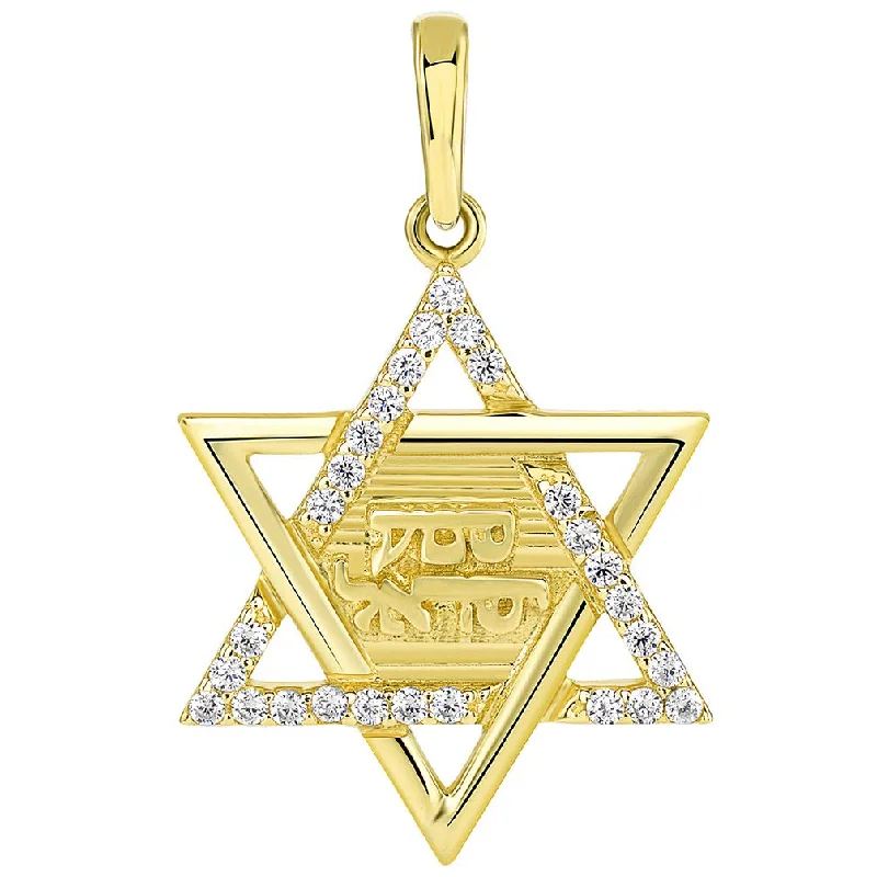 women delicate necklaces -Solid 14K Yellow Gold Hebrew Shema Yisrael CZ Star of David Pendant