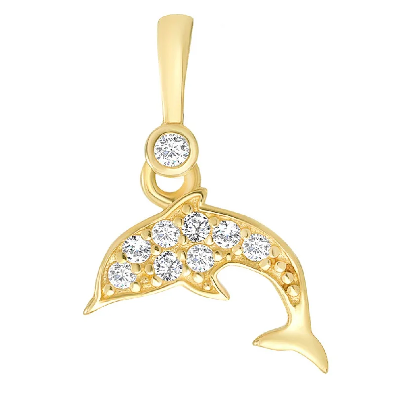 women choker necklaces -Solid 14K Yellow Gold Dainty Dolphin Charm Sea Life Pendant with Cubic Zirconia